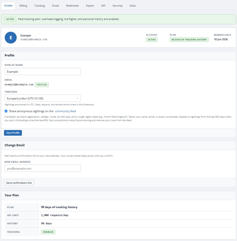 Account profile and settings