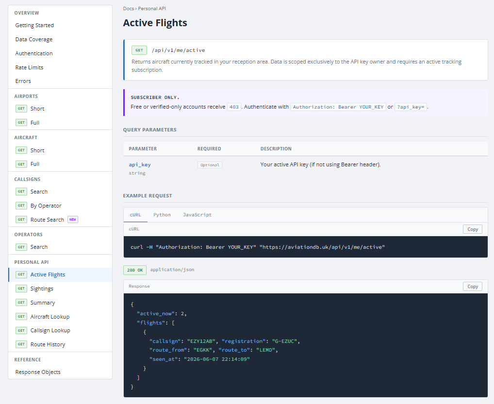 Active flights API endpoint example