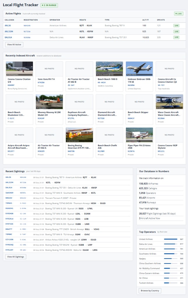 Home page with live tracker and personal sightings