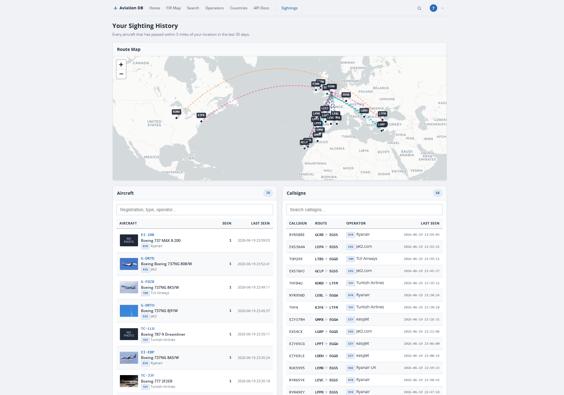 What an active subscriber sees — e.g. the Sightings dashboard or a tracked aircraft's route map